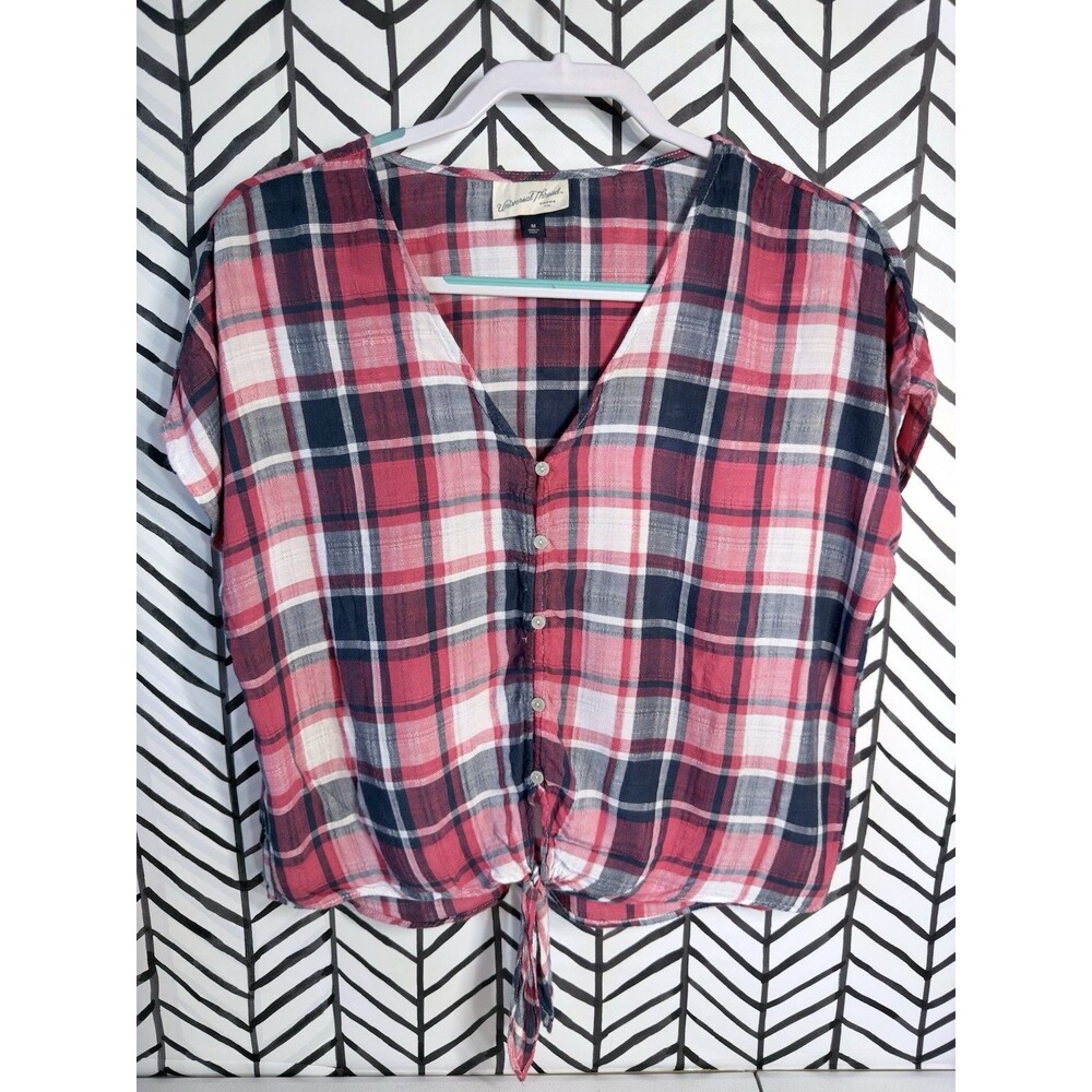 Universal Threads Red Blue Plaid Lightweight Tie Front V Neck Top Women’s M 6011